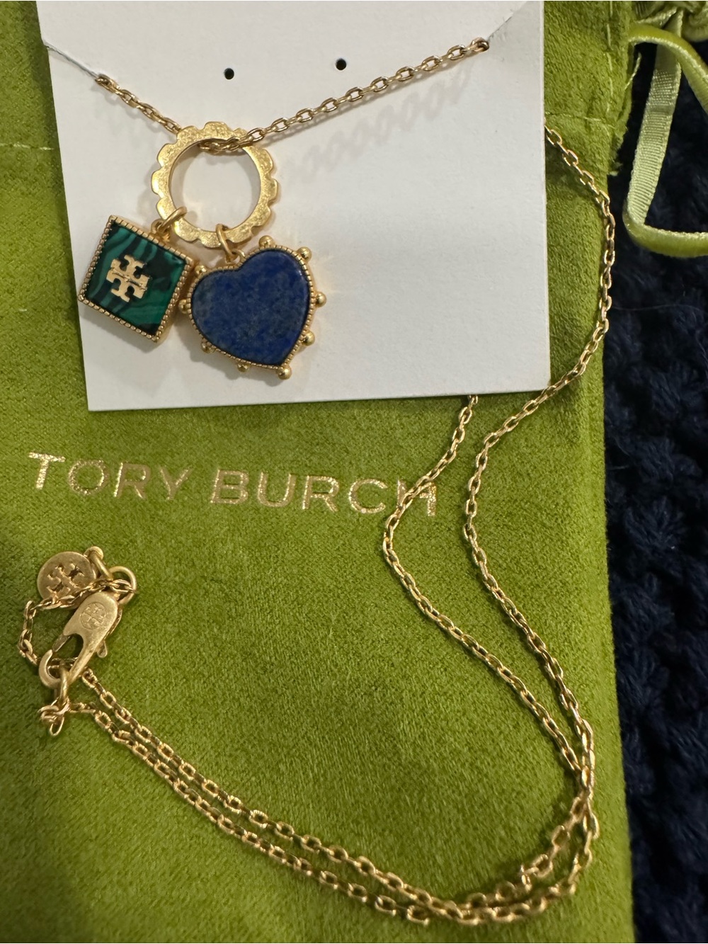 Tory Burch Gold Tone Malachite Green & Blue Heart Charm Necklace 17”
